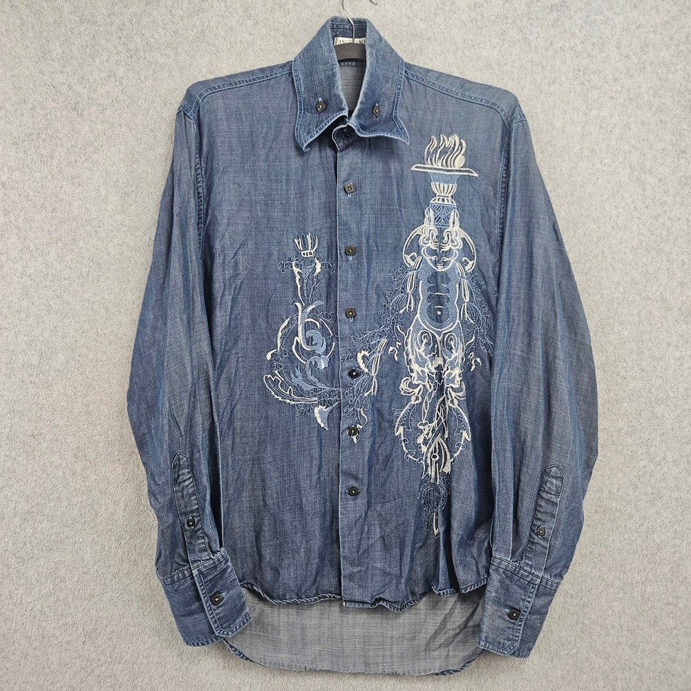 ANGELINO Button Up Mens M Blue Embroidered Long Sleeve Chambray Shirt Casual